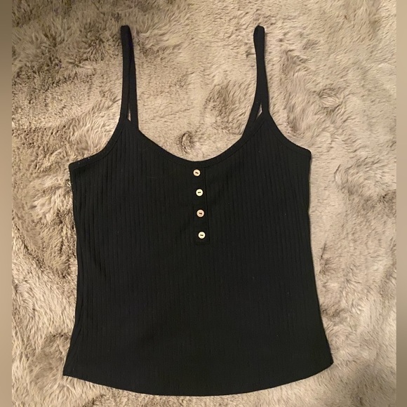 Black squares tank top with wooden buttons down  the centre. - Picture 2 of 4
